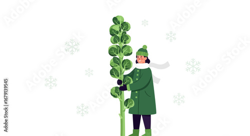 Woman In Winter Garb Holding A Tall Stalk Of Brussels Sprouts Near Snowflakes