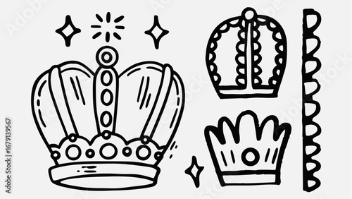 Illustration of various crown designs with stars and decorative elements in black and white style