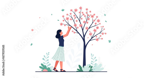 Woman Reaching For Flowers In Bloom: A Symbol Of Spring And Nature's Beauty