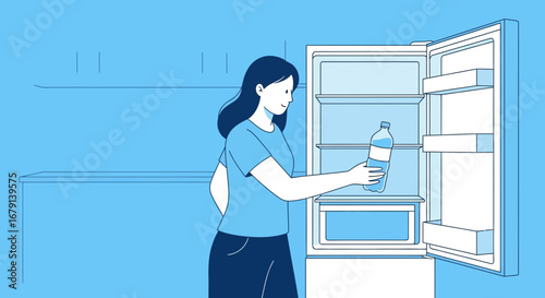 Woman Reaching For Bottle Of Water Inside The Refrigerator In Blue Tones