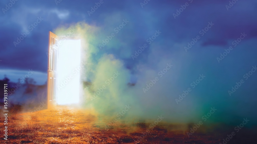 Obraz premium Mysterious glowing doorway reveals ethereal landscape during twilight