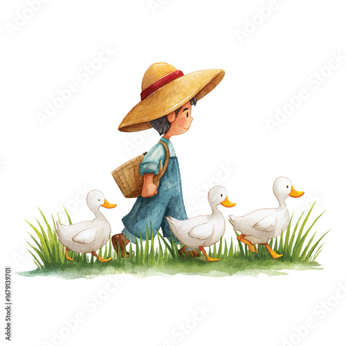 Child in Straw Hat Walking Three White Ducks Watercolor Illustration