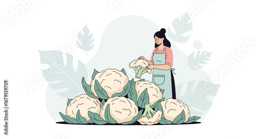 Woman Inspecting Cauliflower With Fresh Harvest Depicted in an Artistic Vector Style