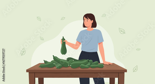 Woman Inspecting Fresh-Picked Zucchinis on Wooden Table Within a Natural Scene