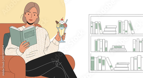 Woman Reading Book And Enjoying Ice Cream Sundae In A Comfortable And Relaxed Environment