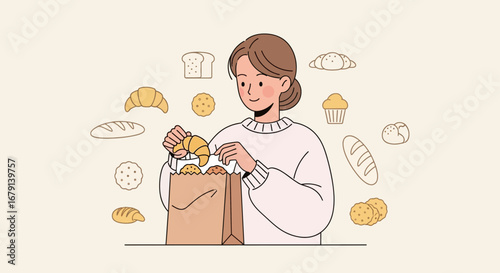 Woman Inspecting Freshly Baked Goods From A Paper Bag With Illustrated Bakery Elements