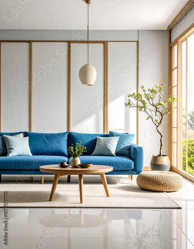 Modern, serene living room with a Japanese aesthetic