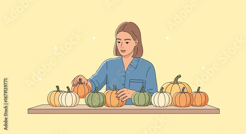 Woman Inspecting Pumpkins, Autumnal Scene Featuring Harvest Fresh Produce Display