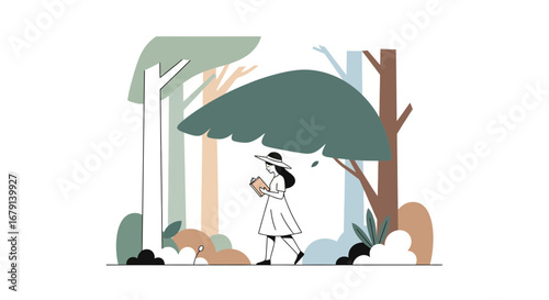 Woman reading book while walking in the forest during the daytime leisure time