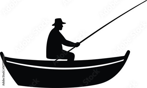 Silhouette of a lone fisherman casting a line from a small boat on calm water