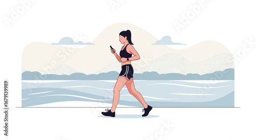 Woman jogging outdoors while checking her phone, a healthy and active lifestyle concept