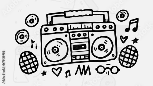 Illustration of a boombox with music notes hearts stars and disco balls in a doodle style black and white