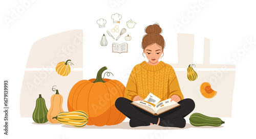 Woman Reading Recipe Book surrounded by pumpkins and other gourds for culinary ideas