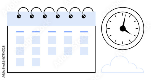Spiral calendar alongside a clock signifying scheduling, deadlines, priorities, and planning. Ideal for organization, productivity, project management, appointment setting, time tracking routine