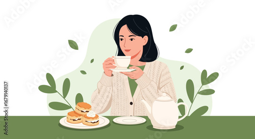 Woman Relaxes And Enjoys Tea At A Table With Scones And A Teapot In Illustrated Design