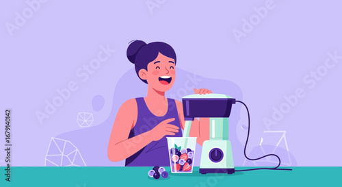 Woman Juicing Berries to Make Healthy Smoothie for Enjoying Everyday Life