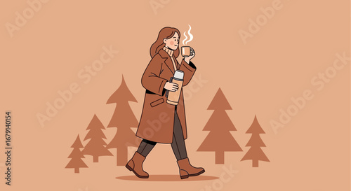 Woman Relaxes in a Cozy Woodland, Enjoying Warm Drink in Forest Environment