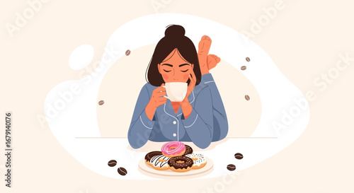 Woman Relaxes Enjoying Coffee And Donuts In The Morning, Perfect For Lifestyle Design
