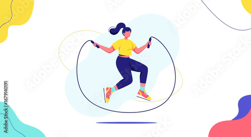 Woman jumping rope in a colorful illustration for fitness and healthy lifestyle representation