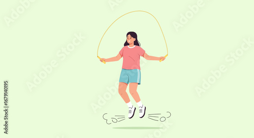 Woman Jumping Rope In An Illustrated Style Demonstrates Fitness, Exercise, And Wellbeing