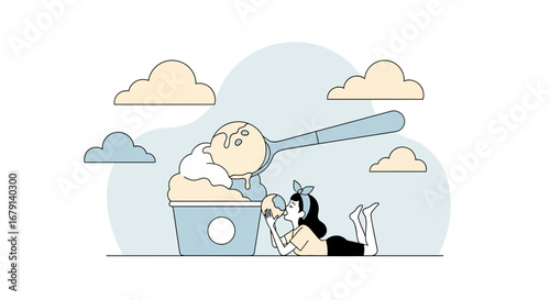 Woman Relaxes With Ice Cream Under Pastel Clouds, Fun Summer Season Delight