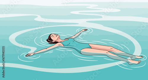 Woman Relaxing And Floating Peacefully In The Serene, Light Blue Water Environment
