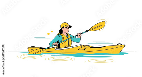 Woman kayaking in the river with a beautiful yellow kayak and amazing illustration
