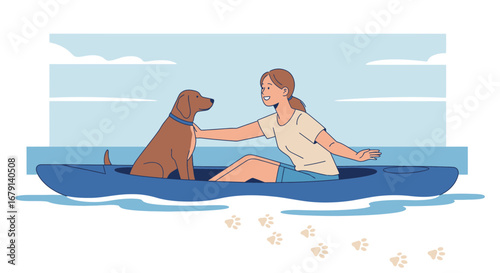 Woman Kayaking With Her Dog In Serene Waters, Embracing Joyful Outdoor Activities