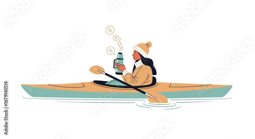 Woman Kayaking With A Thermos, Enjoying A Hot Drink On A Calm, Peaceful Day