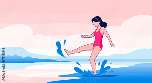 Woman Kicking And Splashing In The Water, Creating Dynamic Visuals With Vibrant Colors