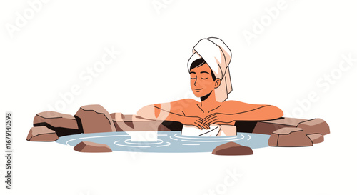 Woman Relaxing In Hot Spring Water, Enjoying Peaceful Moments And Serenity