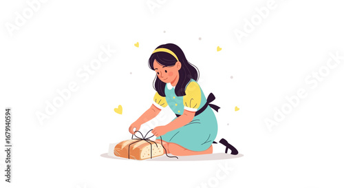 Woman Kneeling And Wrapping Freshly Baked Bread With Care As A Gift For Someone Special