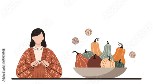 Woman Knitting With Pumpkins Depicted, Autumnal Composition, Cozy Crafting Scene.