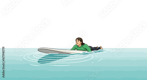 Woman Laying On Surfboard Waiting For The Wave In Calm Aqueous Environment