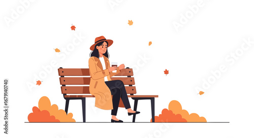 Woman Relaxing On A Park Bench In Autumn, Drinking Coffee, Enjoying The Season