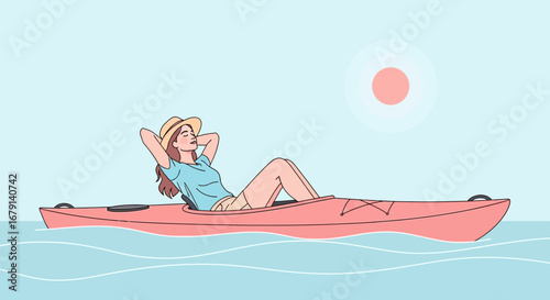Woman relaxing on a kayak enjoying the sun and the sea with a hat