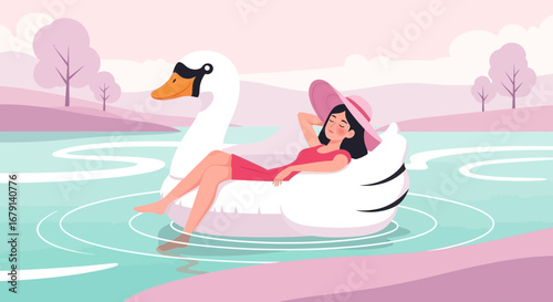 Woman relaxing on a swan float in a lake, enjoying summer vacation in nature