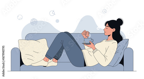 Woman Relaxing On Couch, Enjoying Tea, Baked Snack, Calm, Comfort, Home, Indoor