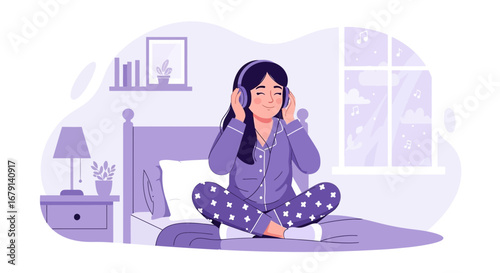 Woman listening to music in bed, enjoying relaxation and peacefulness, at home concept