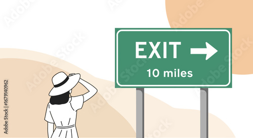 Woman Looking At Exit Sign Indicating The Distance To Get Out From This Route