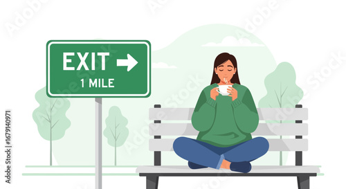 Woman Relaxing While Sipping Tea Near Exit Sign, Enjoying A Moment Of Peace, Illustration