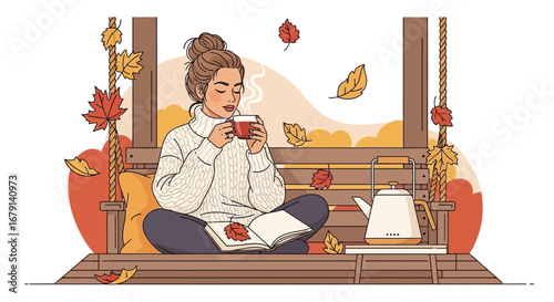 Woman Relaxing While Sipping Beverages As Autumn Colored Tree Leaves Drift and Float Gently Around