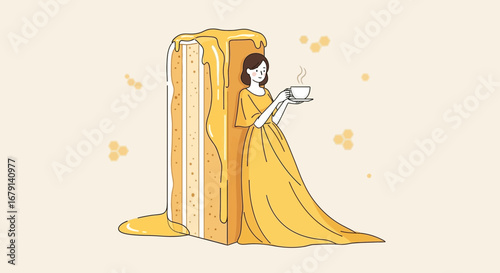 Woman Relaxing With Beverage Beside Giant Cake, Celebrating A Sweet, Golden Moment