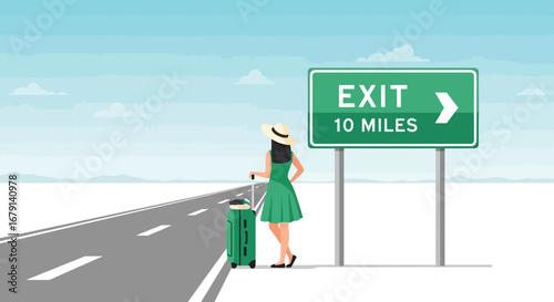 Woman Looks At Exit Sign While Traveling With Suitcase On The Road For Vacation