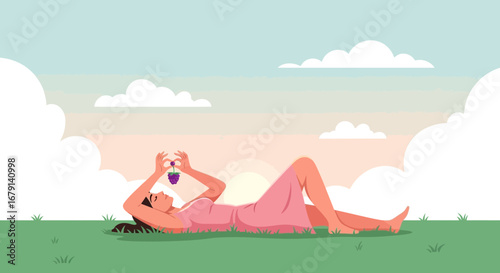 Woman Lying In Grass Holding Fruit Under Sunny Sky Minimalist Illustration