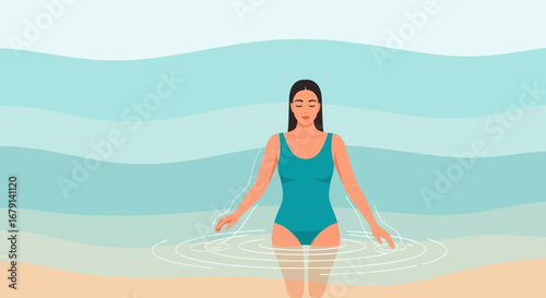 Woman Meditating In Calm Ocean Water, Enjoying Tranquility And Mental Balance
