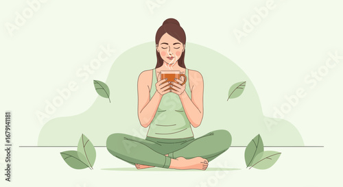 Woman Meditating While Enjoying Warm Beverage in Peace and Serenity