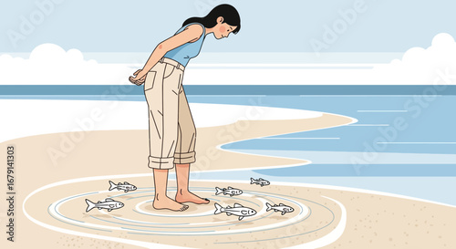 Woman Observing Aquatic Life at Seaside, Barefoot and Immersed in Coastal Serenity