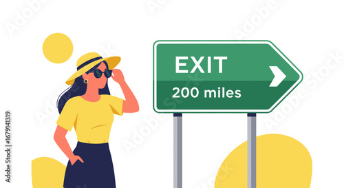 Woman Observing Highway Sign On A Sunny Day With 200 Miles Distance to Exit