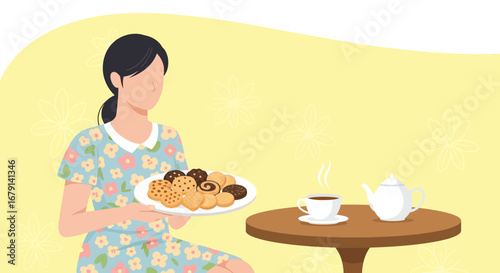 Woman Offering Baked Cookies And Hot Beverage On A Table, Illustration With Floral Background